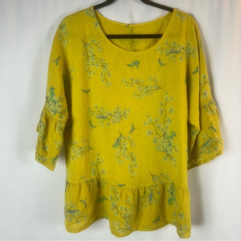 Valentina Naldi Yellow Floral Italian Linen Bell Sleeve Blouse Top Size:L
